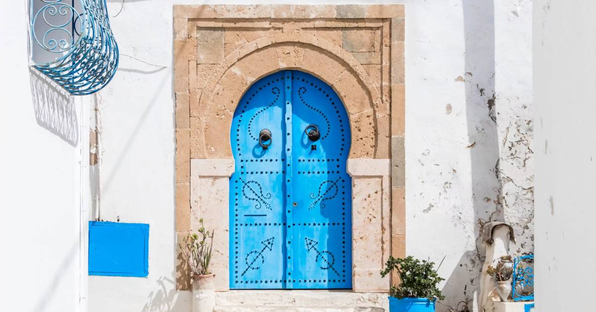 Traditional door with pattern and tiles, Sidi Bou Said, Africa